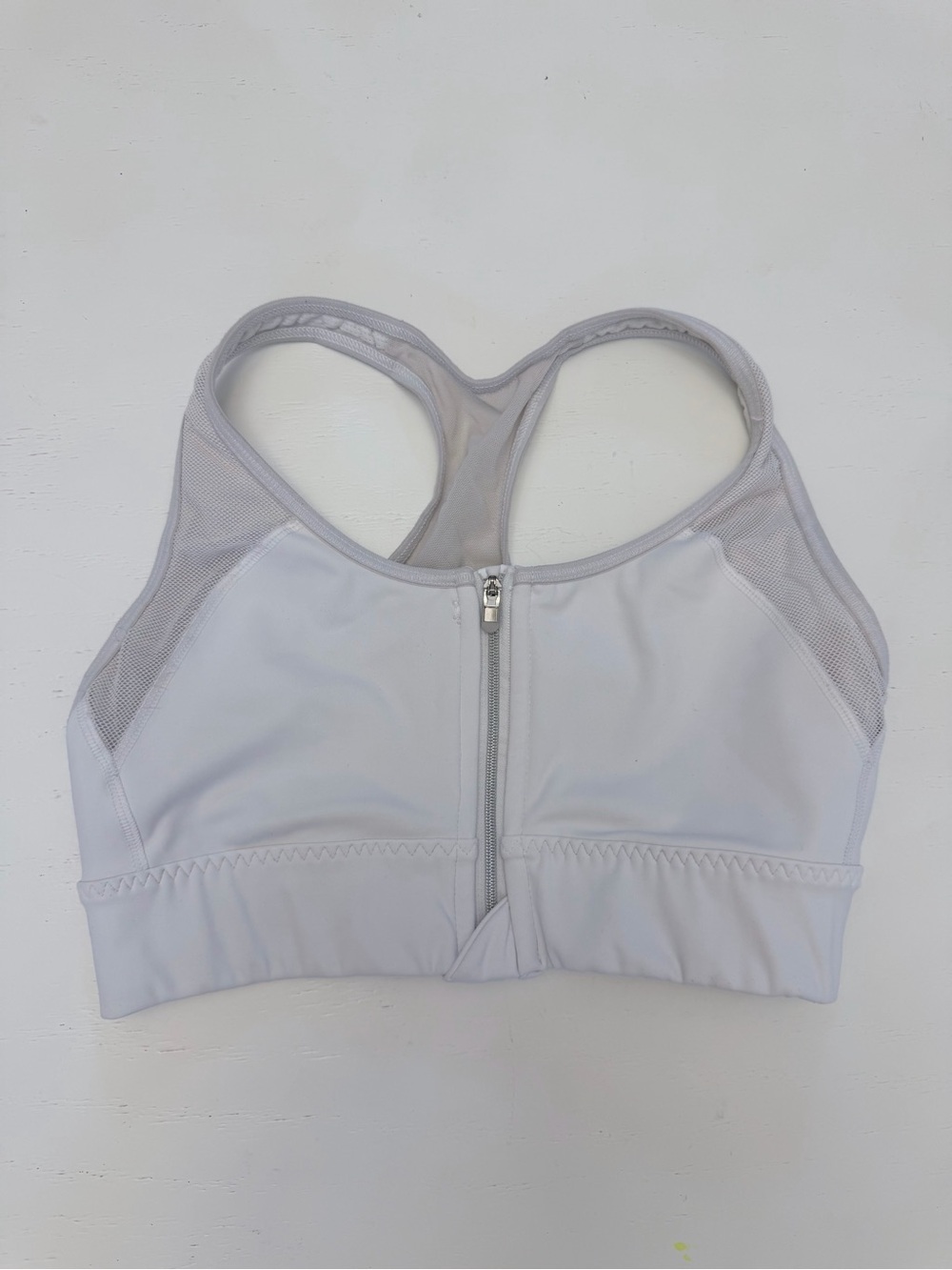 Athleta Front-Zip White Sports Bra with Mesh Racerback